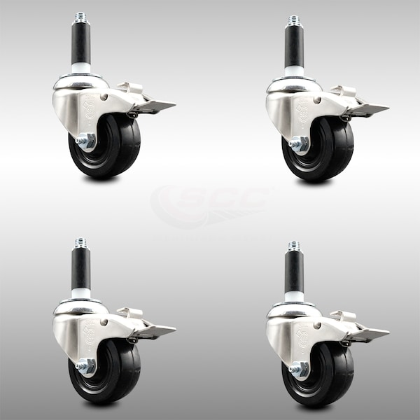 3 Inch 316SS Soft Rubber Swivel 3/4 Inch Expanding Stem Caster Set Lock Brake